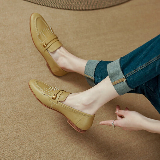 Yellow Brown Rounded Toe Fringe Loafers #001059