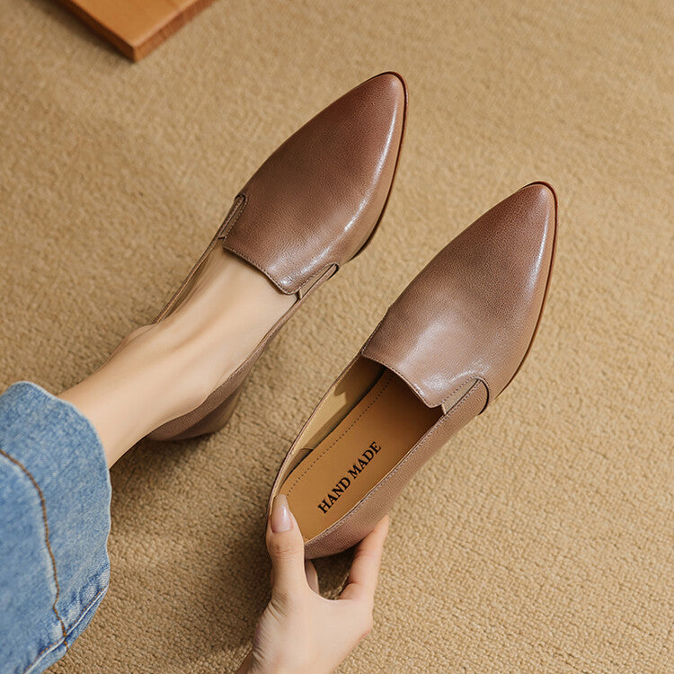 Beige Caramel Black Pointed Toe Loafers #001134