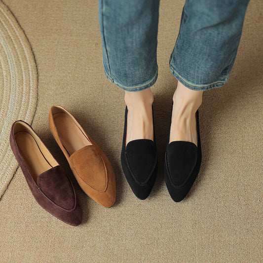 Caramel Brown Black Pointed Toe Suede Loafers #001126