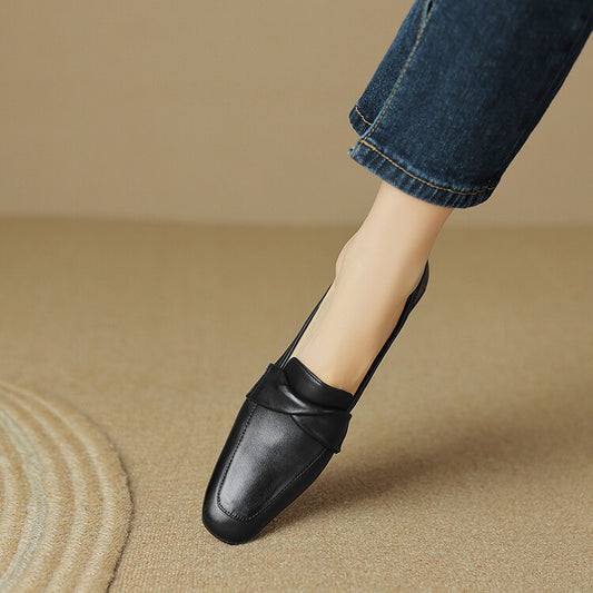 Black Folded Strap Soft Leather Loafers #001119