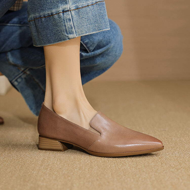 Beige Caramel Black Pointed Toe Loafers #001134