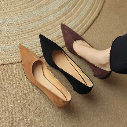 Caramel Brown Black Mid Heel Suede Pumps #001127