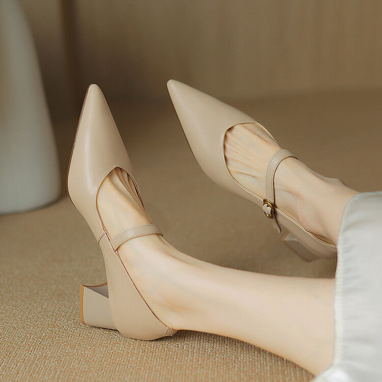 Off-White Beige Pointed Toe Block Heel Mary Jane Pumps #001154