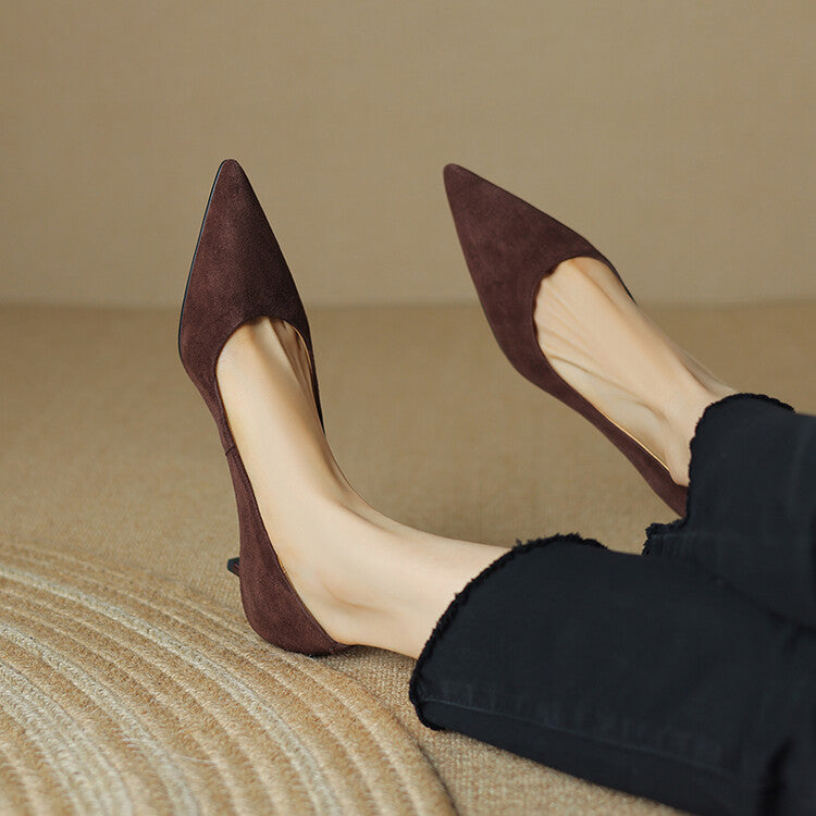 Caramel Brown Black Mid Heel Suede Pumps #001127