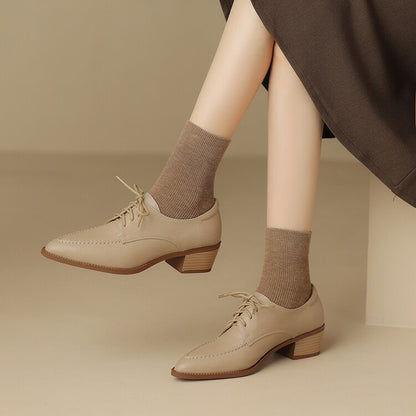 Off-White Beige Pointed Toe Block Heel Derby Shoes #001131