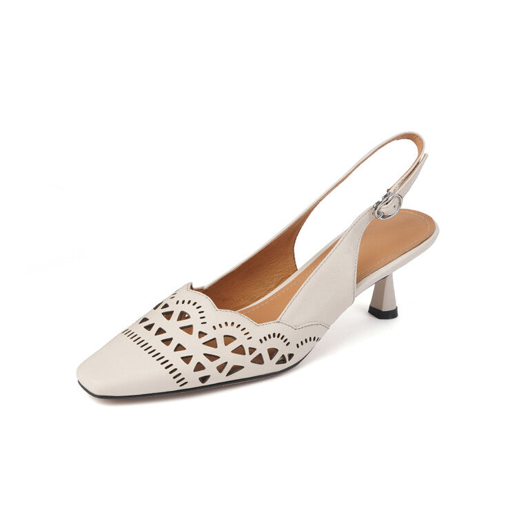 Off-White Brown Perforated Mid Heel Slingback Pumps #001145