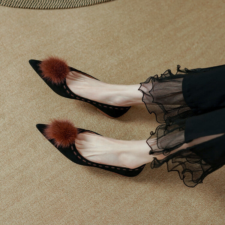 Beige Black Fluffy Ball Suede Flats #001060