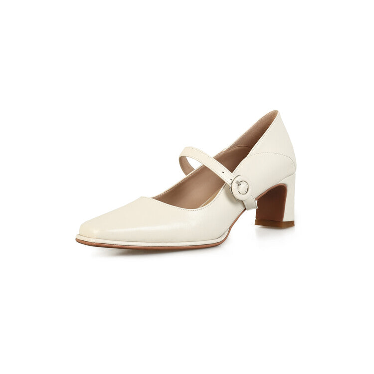 Off-White Beige Thin Block Heel Mary Jane Pumps #001101