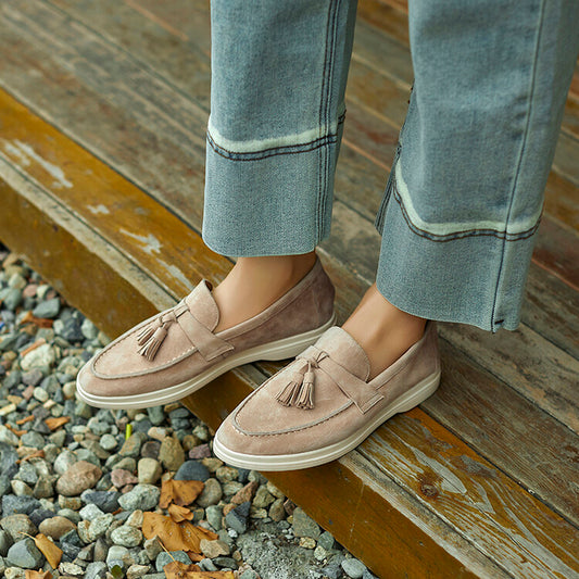 Beige Brown Tassel Strap Loafers #001141