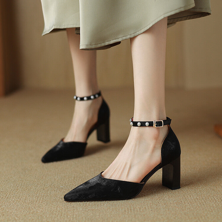 Blue Pink Black Pearl-Embellished Ankle Strap Pumps #001144