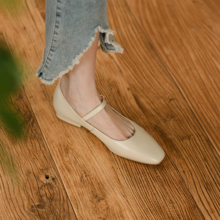 Off-White Beige Rounded Toe Mary Jane Flats #001124