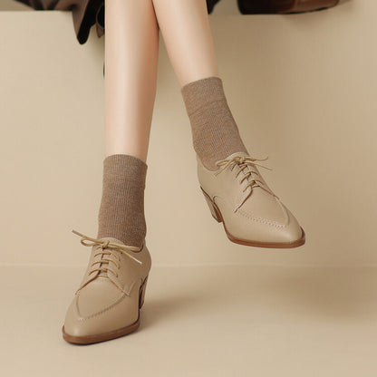 Off-White Beige Pointed Toe Block Heel Derby Shoes #001131