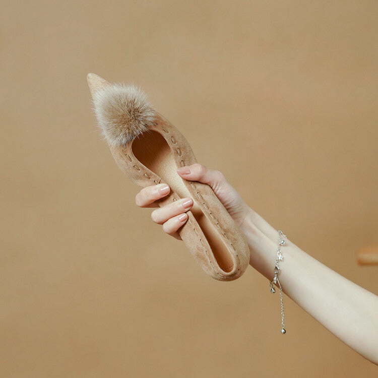 Beige Black Fluffy Ball Suede Flats #001060