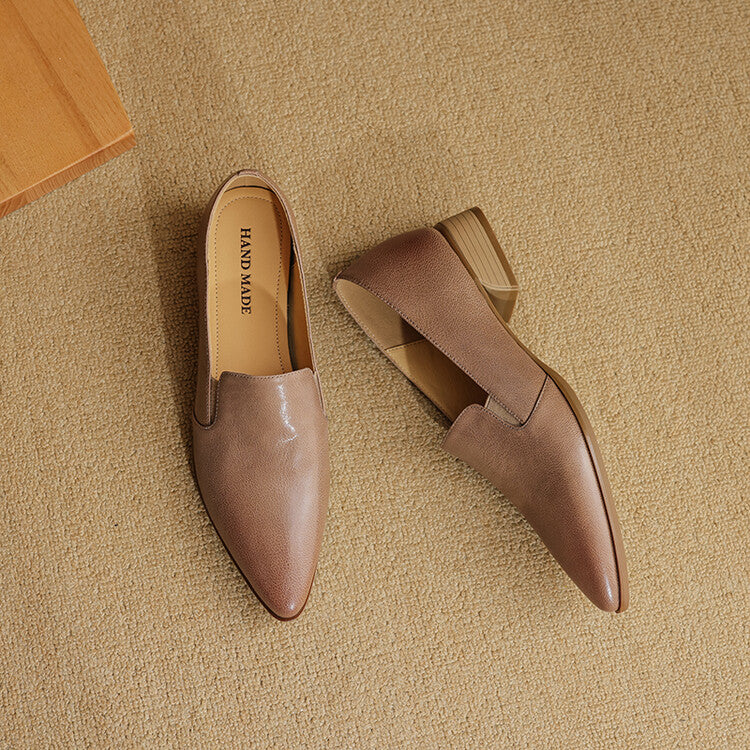 Beige Caramel Black Pointed Toe Loafers #001134