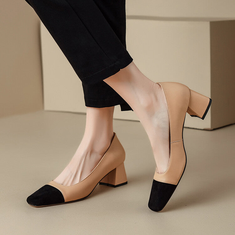 Off-White Beige Black Square Toe Block Heel Pumps #001150