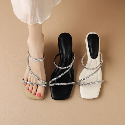 Off-White Beige Black Square Toe Crystal Strap Sandals #001158