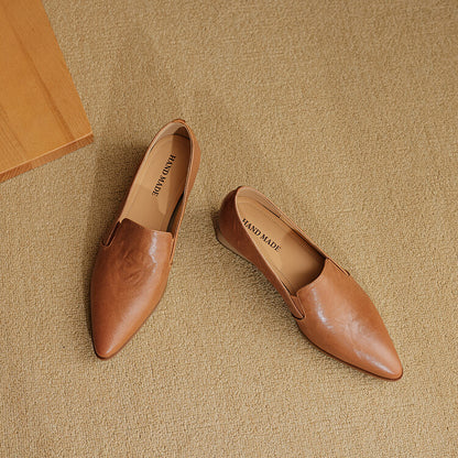 Beige Caramel Black Pointed Toe Loafers #001134