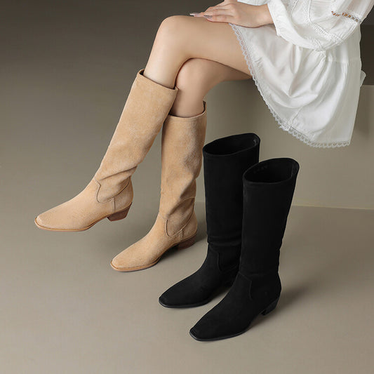 Beige Black Block Heel Tall Boots #002009