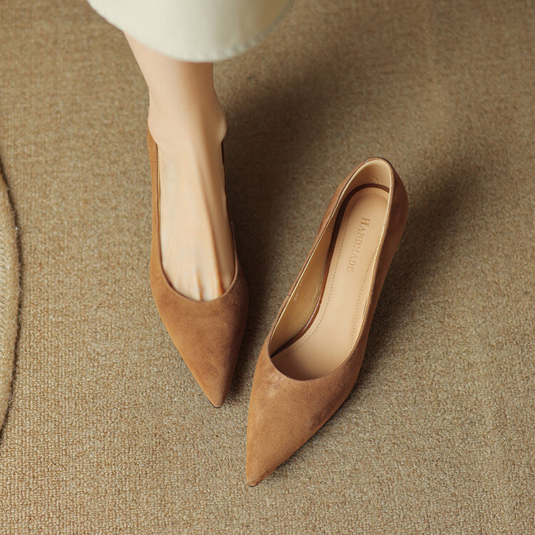 Caramel Brown Black Mid Heel Suede Pumps #001127