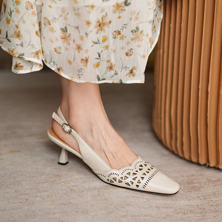 Off-White Brown Perforated Mid Heel Slingback Pumps #001145