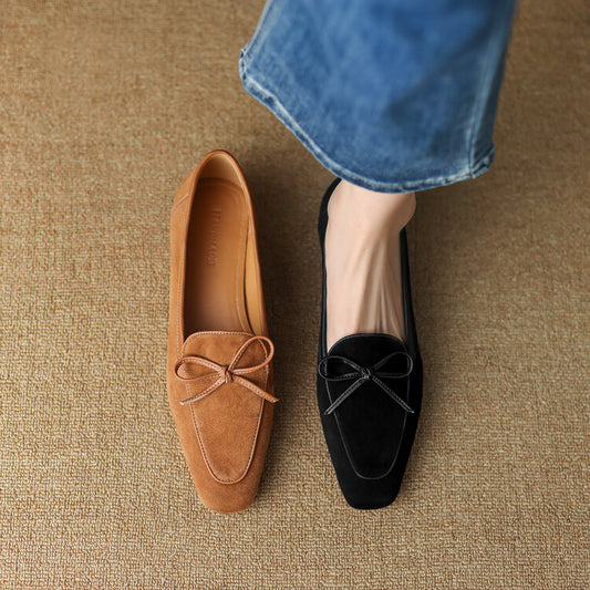 Khaki Brown Black Butterfly Knot Suede Loafers #001065