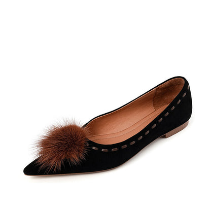 Beige Black Fluffy Ball Suede Flats #001060