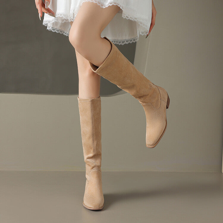 Beige Black Block Heel Tall Boots #002009