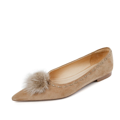 Beige Black Fluffy Ball Suede Flats #001060