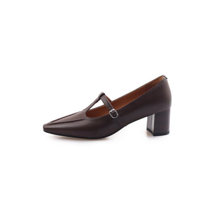 Brown Black T-Strap Block Heel Pumps #001168