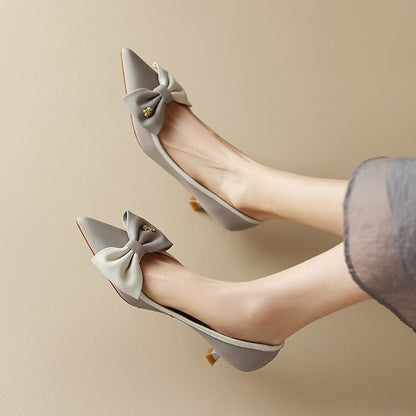 Khaki Grey Black Bow Mid Heel Pumps #001066