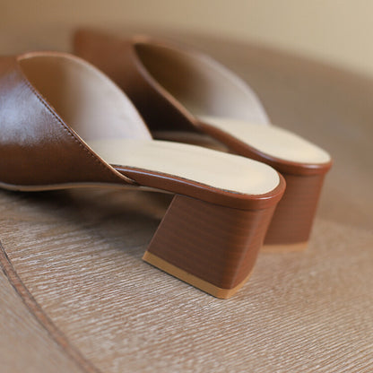 Beige Brown Plain Block Heel Mules #001160