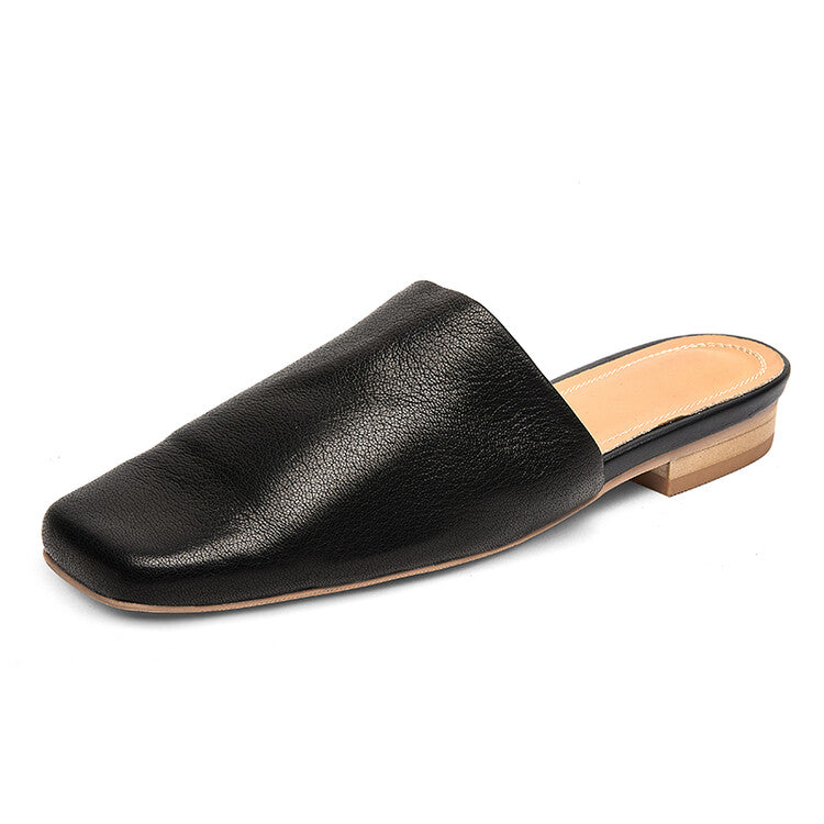 Khaki Brown Black Square Toe Loafer Mules #001164