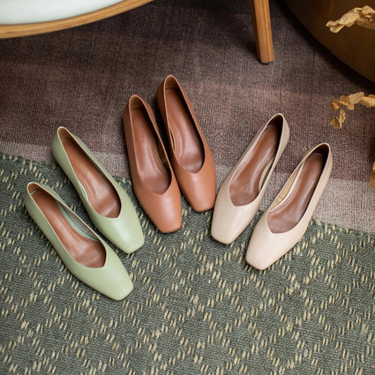 Beige Green Brown Square Toe Flats #001019