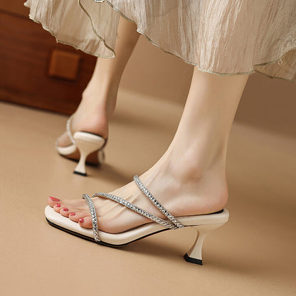 Off-White Beige Black Square Toe Crystal Strap Sandals #001158