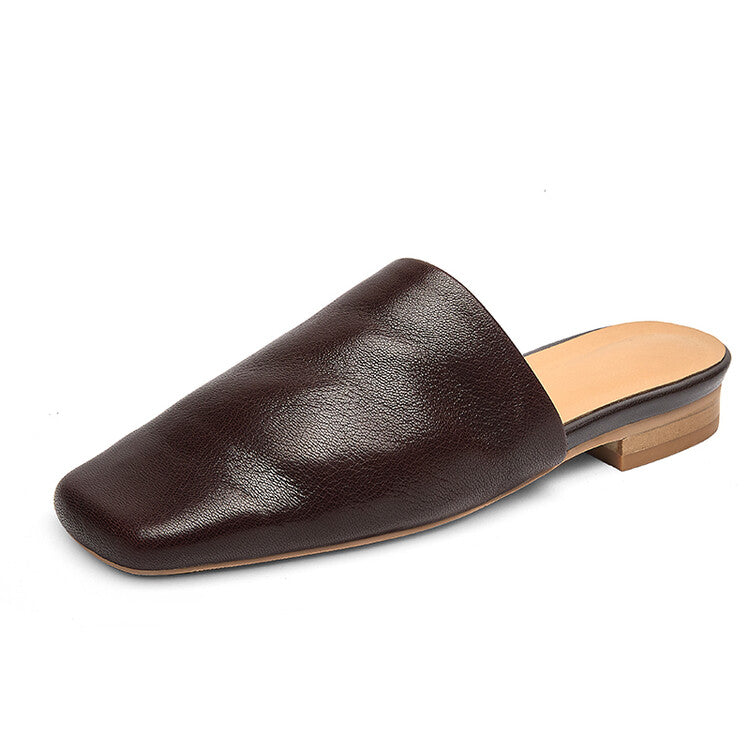 Khaki Brown Black Square Toe Loafer Mules #001164