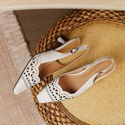 Off-White Brown Perforated Mid Heel Slingback Pumps #001145