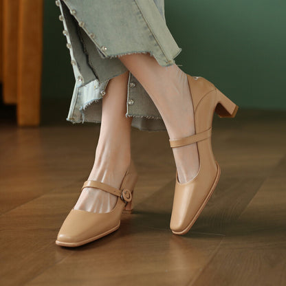 Off-White Beige Thin Block Heel Mary Jane Pumps #001101