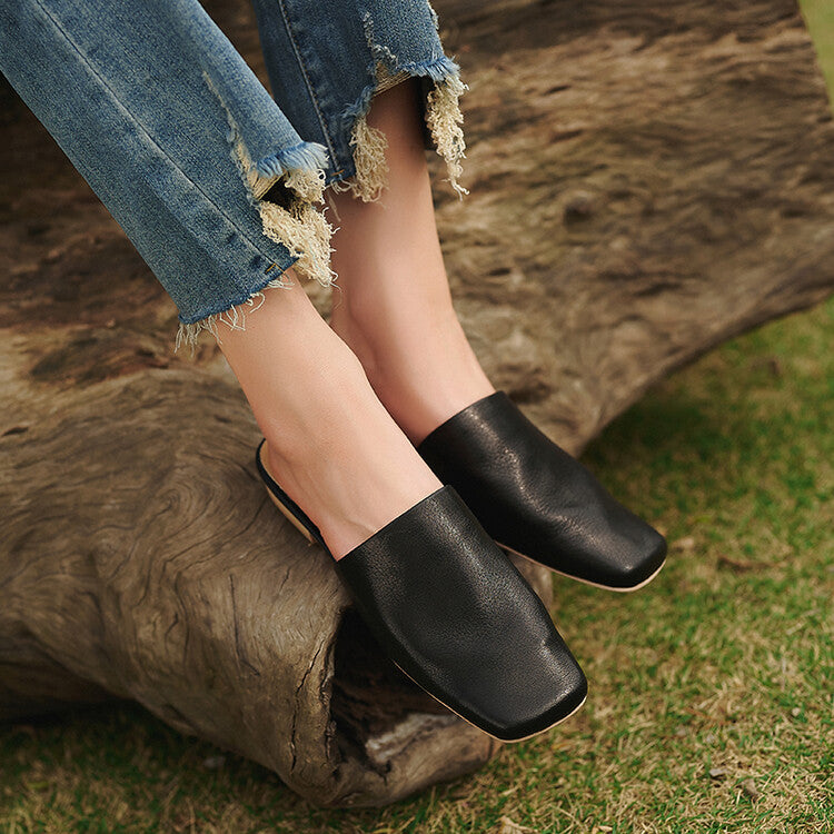 Khaki Brown Black Square Toe Loafer Mules #001164