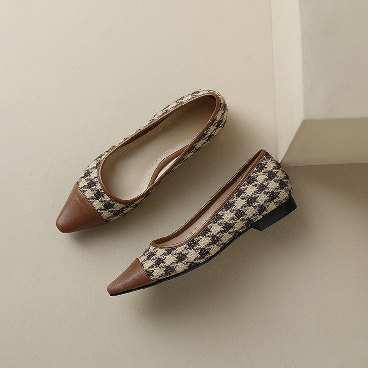 Brown Black Cap-Toe Houndstooth Flats #001063