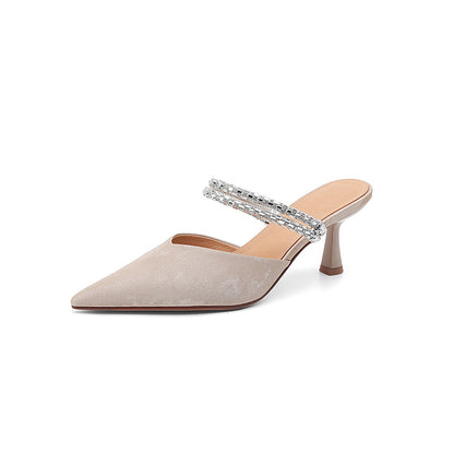 Beige Silver Black Crystal Chain High Heel Mules #001166