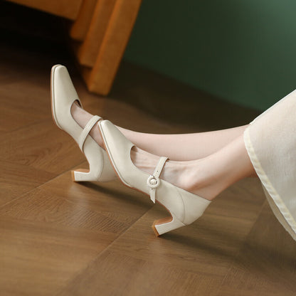 Off-White Beige Thin Block Heel Mary Jane Pumps #001101