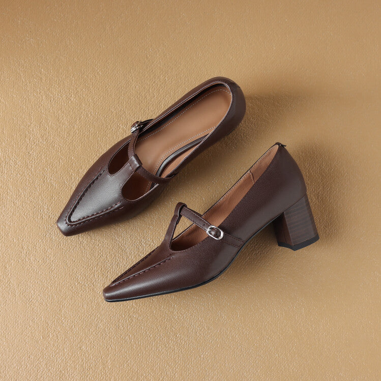 Brown Black T-Strap Block Heel Pumps #001168