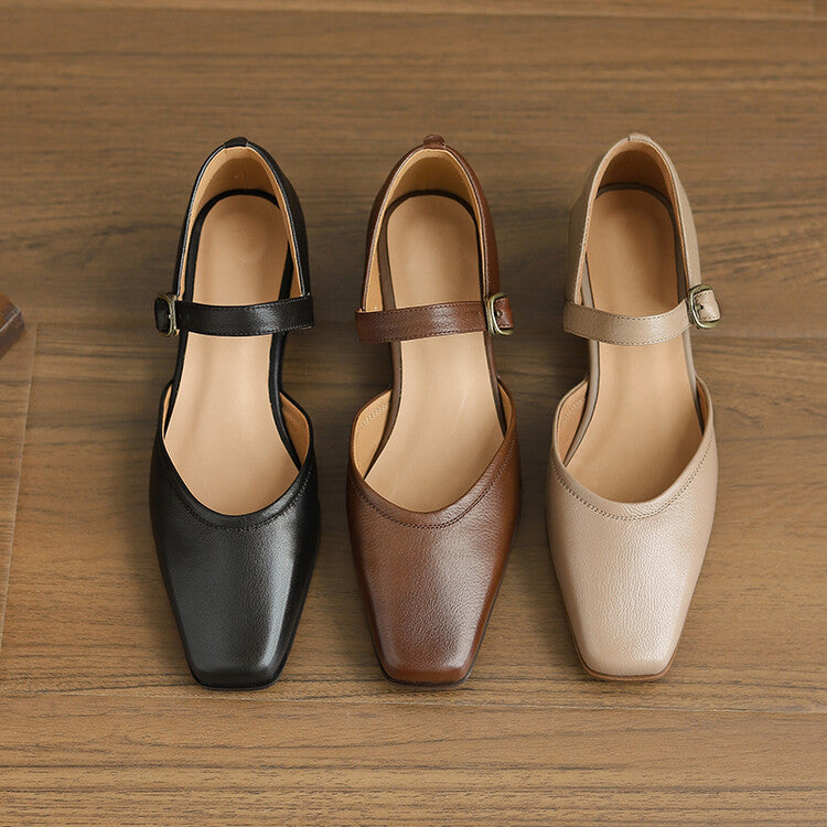 Beige Brown Black Square Toe Block Heel Pumps #001156