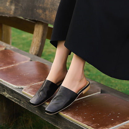 Khaki Brown Black Square Toe Loafer Mules #001164