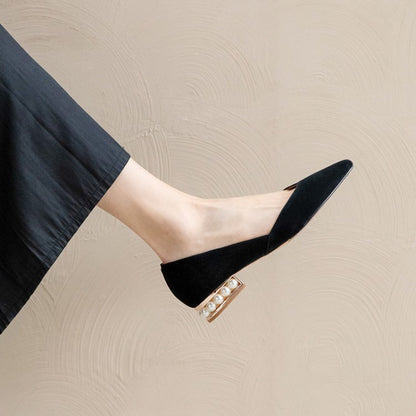 Black Pearl-Embellished Heel Flats #001116