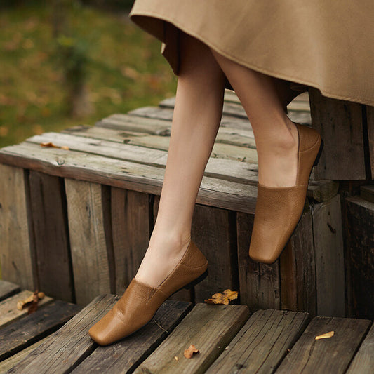 Khaki Brown Black Square Toe Loafers #001135