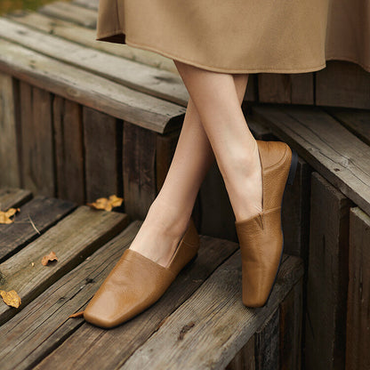 Khaki Brown Black Square Toe Loafers #001135