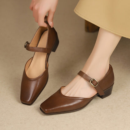 Beige Brown Black Square Toe Block Heel Pumps #001156