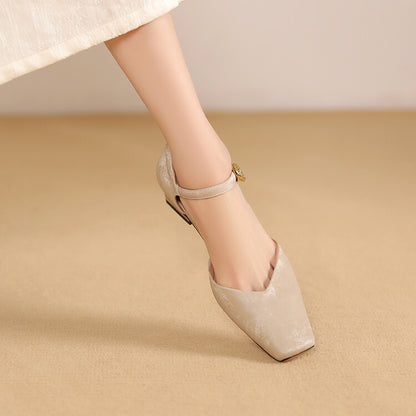 Beige Black Textured Leather Ankle Strap Pumps #001146