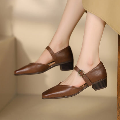 Beige Brown Black Square Toe Block Heel Pumps #001156